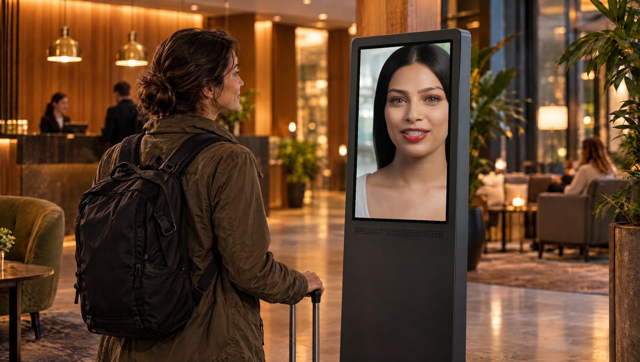 Hotel lobby: a generated scene with a FaceKiosk screen showing the demo host